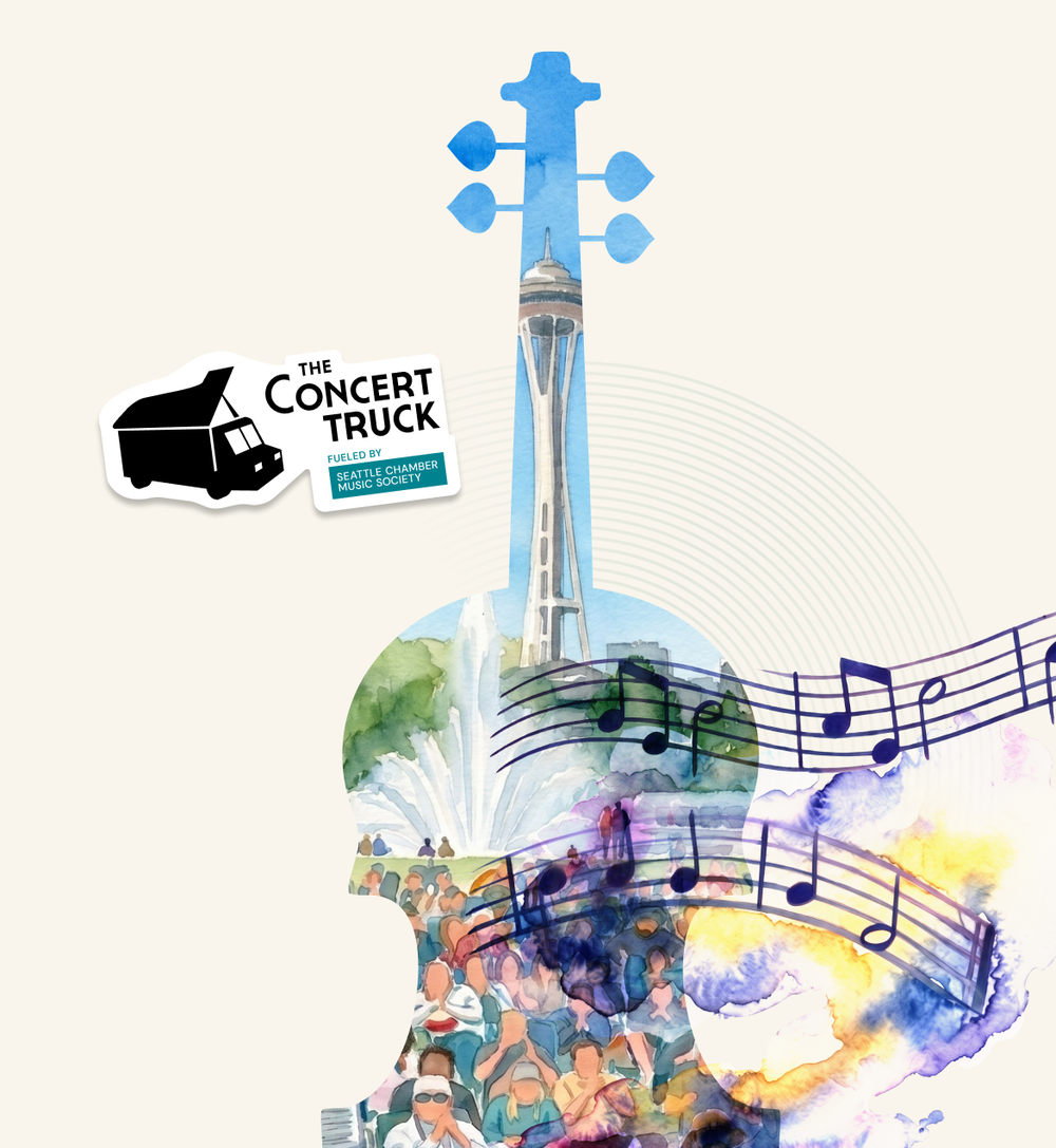 Illustration of Seattle Center landmarks shaped like a cello with flowing musical notes