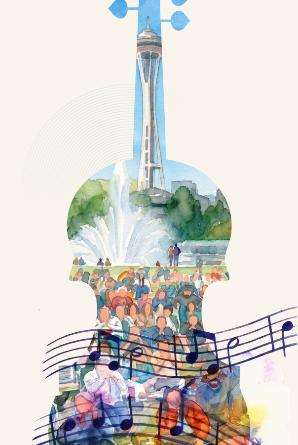 Illustration of Seattle Center landmarks shaped like a cello with flowing musical notes