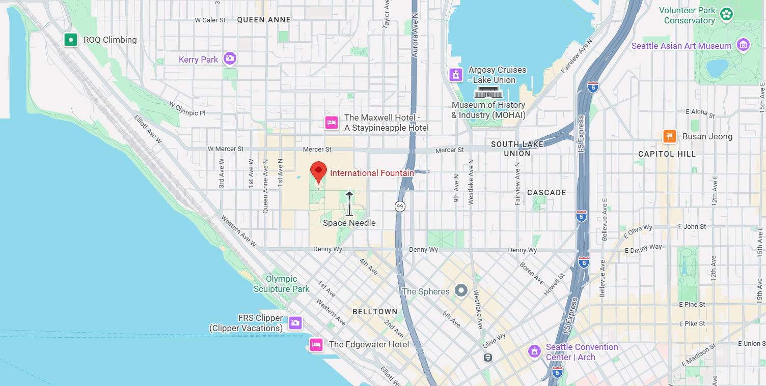 Map of Seattle Center and the International Fountain Lawn